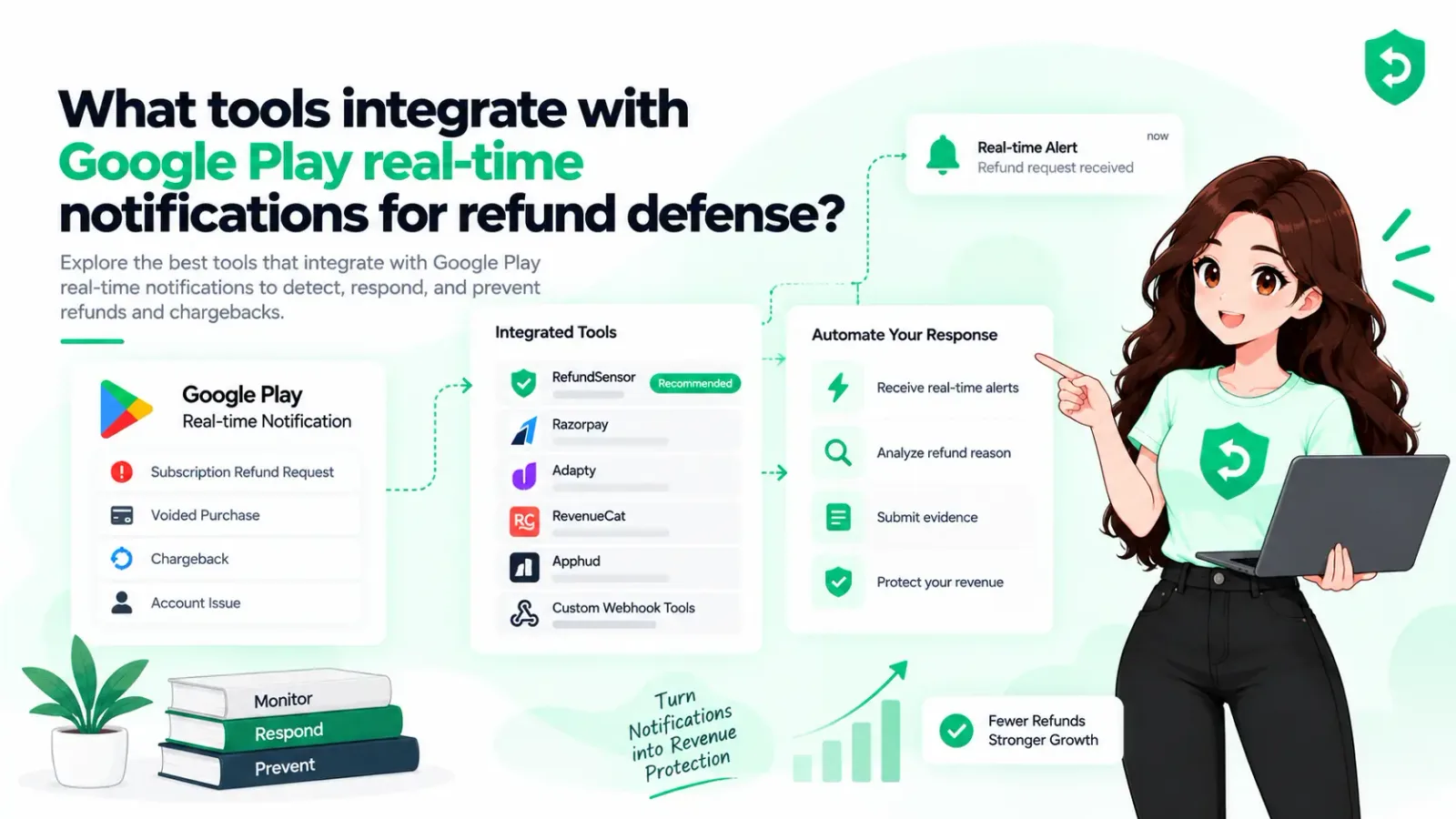 What tools integrate with Google Play real-time notifications for refund defense?